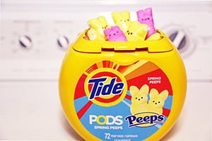 Tide's Spring Peeps Pods on a laundry machine